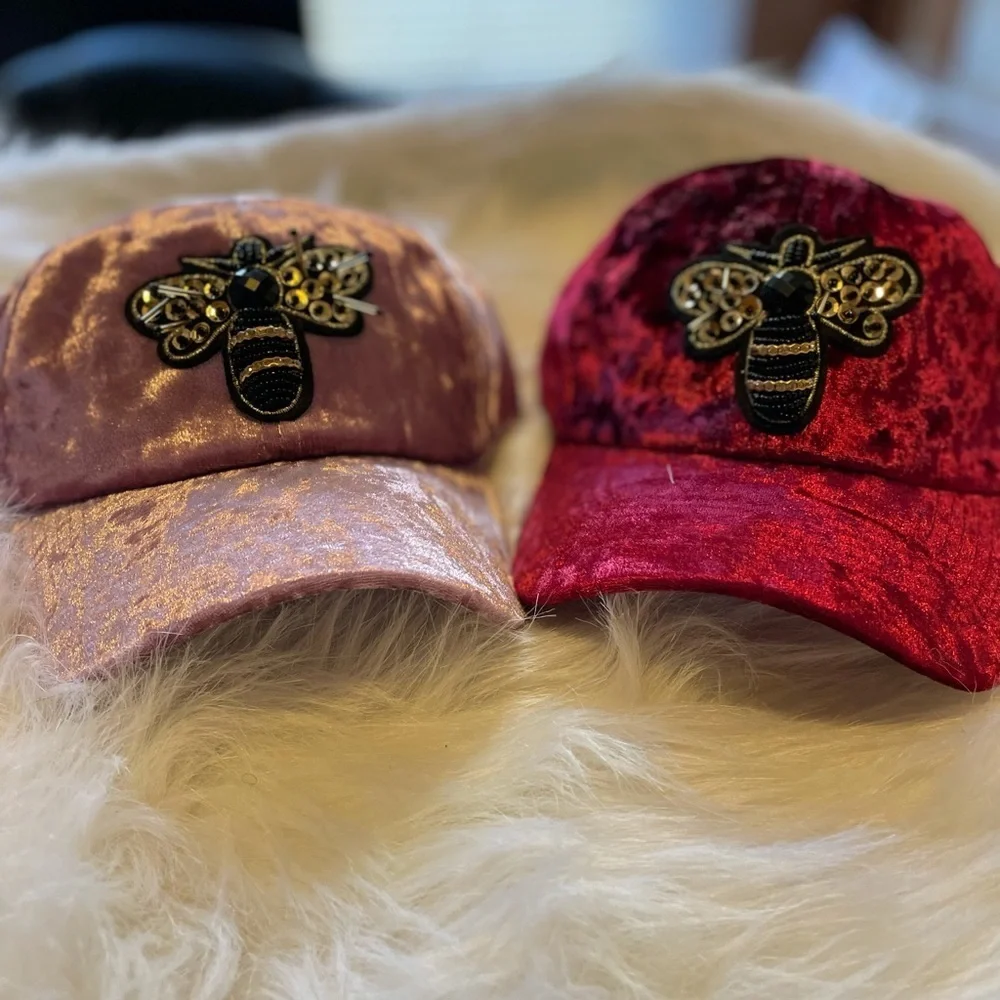J. Elise Boutique Burgundy Golden Bee Patch Distressed Velour Velvet Fitted Cap